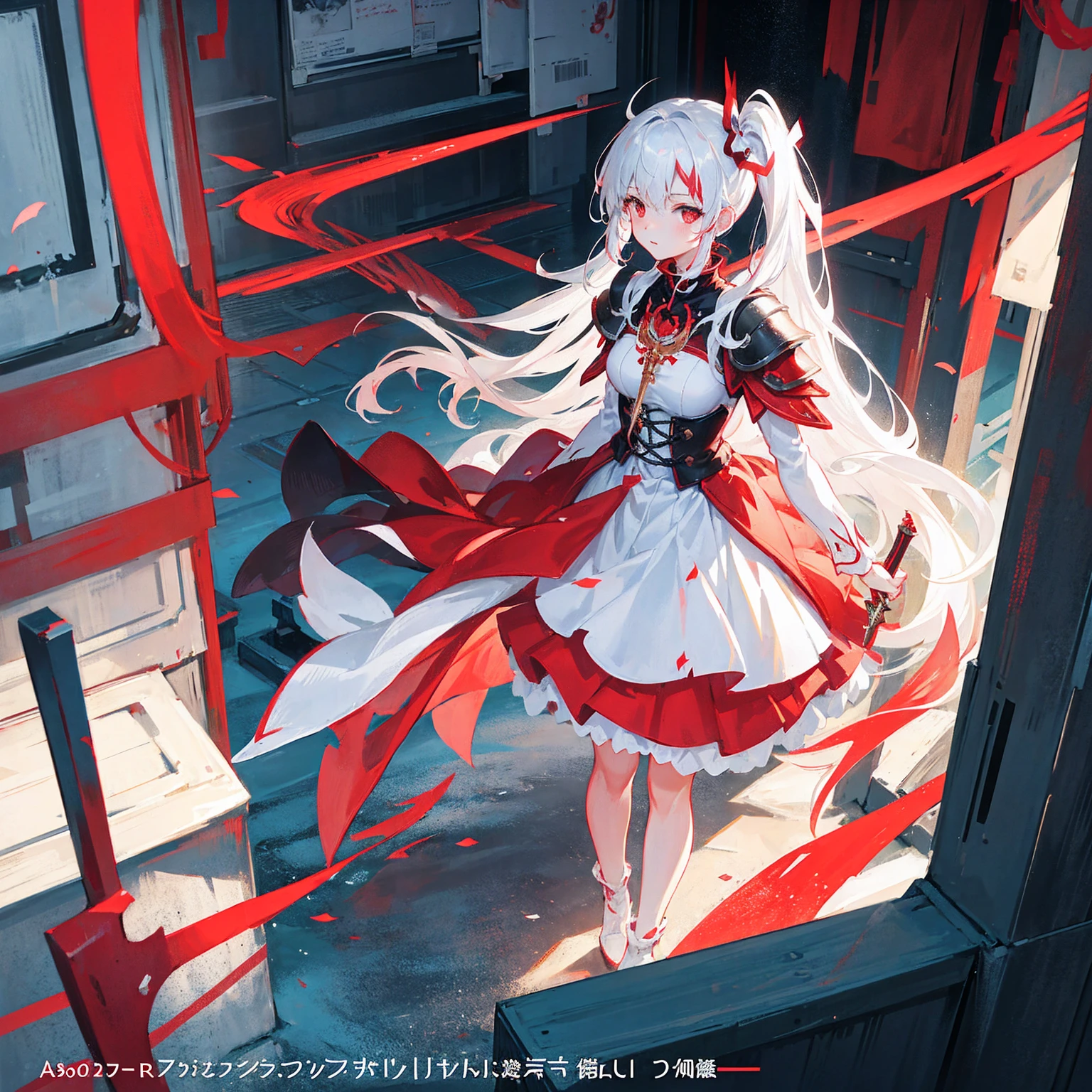 Wearing a red and white dress、anime girl holding sword, Highly detailed official artwork, Epic Light Novel Cover Art, epic Light novel cover art, Silver and red armor, guweiz on pixiv artstation, Anime style 4K, Detailed key animation art, Light novel cover art, Anime Fantasy Artwork,White hair and red eyes,Side Ponytail,Waist-length hair,one person,Portraiture,Reading