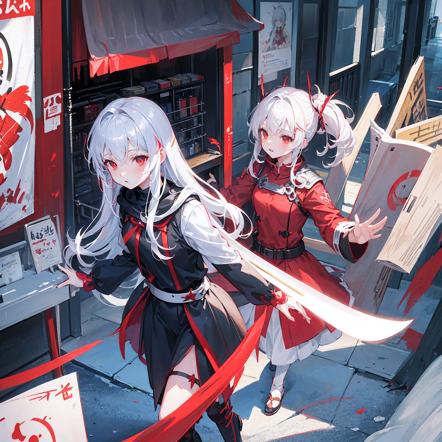Wearing a red and white dress、anime girl holding sword, Highly detailed official artwork, Epic Light Novel Cover Art, epic Light novel cover art, Silver and red armor, guweiz on pixiv artstation, Anime style 4K, Detailed key animation art, Light novel cover art, Anime Fantasy Artwork,White hair and red eyes,Side Ponytail,Waist-length hair,one person,Portraiture,Reading