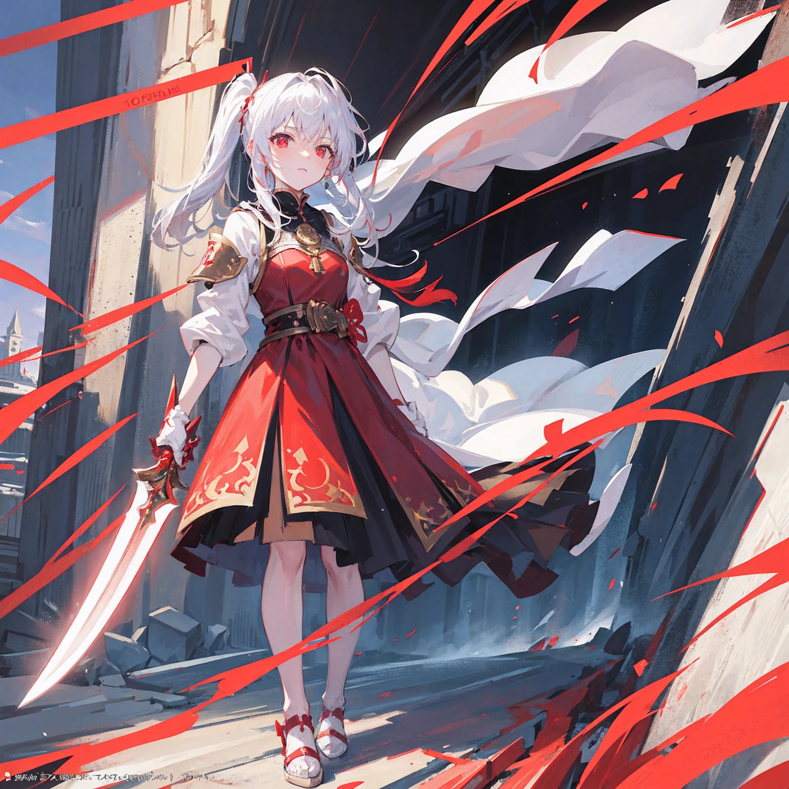 Wearing a red and white dress、anime girl holding sword, Highly detailed official artwork, Epic Light Novel Cover Art, epic Light novel cover art, Silver and red armor, guweiz on pixiv artstation, Anime style 4K, Detailed key animation art, Light novel cover art, Anime Fantasy Artwork，White hair and red eyes，Side Ponytail，Waist-length hair，one person，Portraiture，Reading