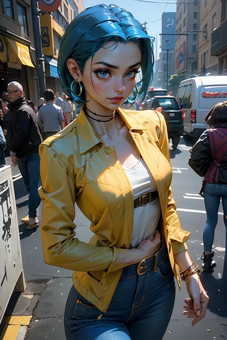 Goddess ((goddess-like woman)), slim elegant silhouette, masterpiece, (close angle), best quality, pale skin, fair skin, sweet face, (masterpiece:1,2, best quality), (real picture, intricate details), (1 lady , solo, medium tits, slim waistline, ), ((Jinx/LOL)), a woman short hair, darkblue hair, brown eyes, she has an impressive presence., short hair, bracelet, hoop earrings, jewelry, beautiful face, beautiful eyes, she looks at the viewer, She is wearing a golden sport BH and a jeans, a green Jacket, sweet irresistible smile, elegant pose, elegant hands, beautiful hands, perfect fingers, background: background: city, streets, park, She walks towards the viewer