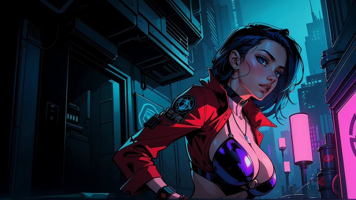woman with medium length blue hair, в bikini, cyberpunk art, gothic art, cute aesthetic with atmosphere, Cartoon aesthetics, in a red suit, wear gothic accessories