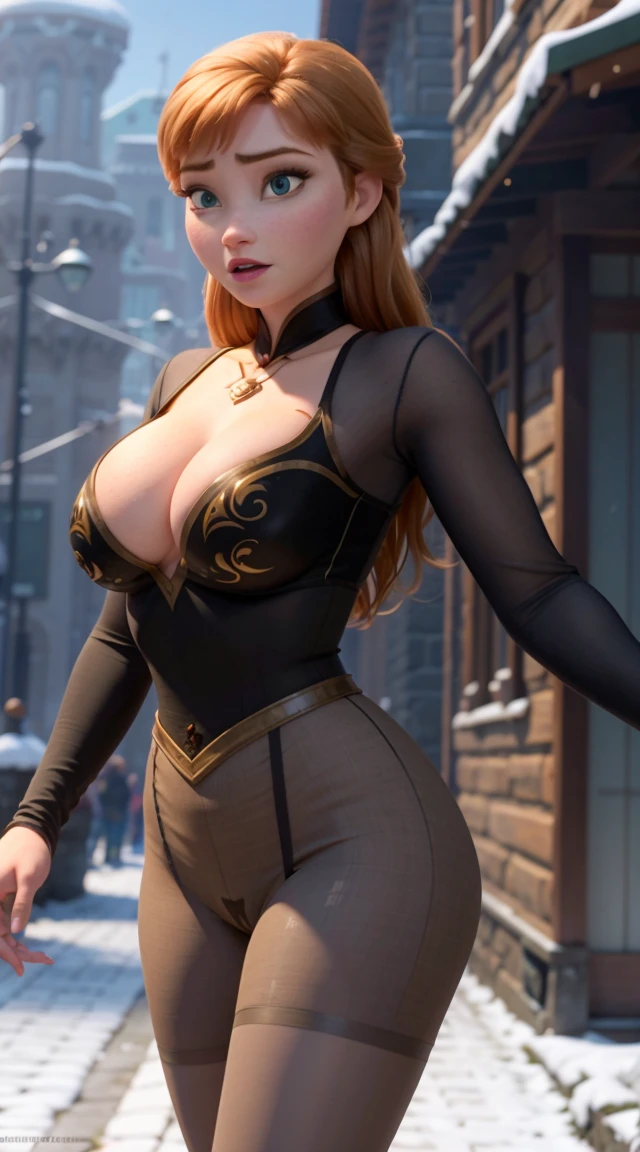 Photo of Anna of Arendelle wearing thight opaque pantyhose,  cameltoe, huge breasts, bursting huge breasts, wide hips, busty,