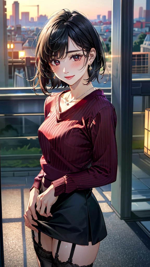 (masterpiece:1.3, Highest quality, Ultra-high resolution, Super detailed), (Realistic, photoRealistic:1.4), Beautiful illustrations, Perfect lighting, colorful, Depth of written boundary, Beautiful detailed hair, Beautifully detailed face, Beautiful fine details, Beautiful clavicle, Beautiful body, 美しいLarge Breasts, Beautiful thighs, Beautiful feet, Beautiful fingers, View Viewer、Front view:0.6, Beauty1人, Japanese, Beauty、30 years old, Perfect Face, (Perfect Anatomy, Anatomically correct), Cute and symmetrical face, Baby Face, , Shiny skin, ((Bordeaux sweater:1.4)), ((Garter skirt:1.5))、 (Black Hair, Short Hair:1.4), Dark brown eyes, Large Breasts, Slim body, necklace, (Small earrings:1.3), (Beautiful views), (night), (city, cityscape in the distance), Are standing, A soft smile、(Smile, Lips parted),