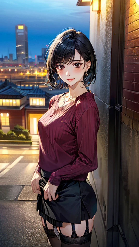 (masterpiece:1.3, Highest quality, Ultra-high resolution, Super detailed), (Realistic, photoRealistic:1.4), Beautiful illustrations, Perfect lighting, colorful, Depth of written boundary, Beautiful detailed hair, Beautifully detailed face, Beautiful fine details, Beautiful clavicle, Beautiful body, 美しいLarge Breasts, Beautiful thighs, Beautiful feet, Beautiful fingers, View Viewer、Front view:0.6, Beauty1人, Japanese, Beauty、30 years old, Perfect Face, (Perfect Anatomy, Anatomically correct), Cute and symmetrical face, Baby Face, , Shiny skin, ((Bordeaux sweater:1.4)), ((Garter skirt:1.5))、 (Black Hair, Short Hair:1.4), Dark brown eyes, Large Breasts, Slim body, necklace, (Small earrings:1.3), (Beautiful views), (night), (city, cityscape in the distance), Are standing, A soft smile、(Smile, Lips parted),