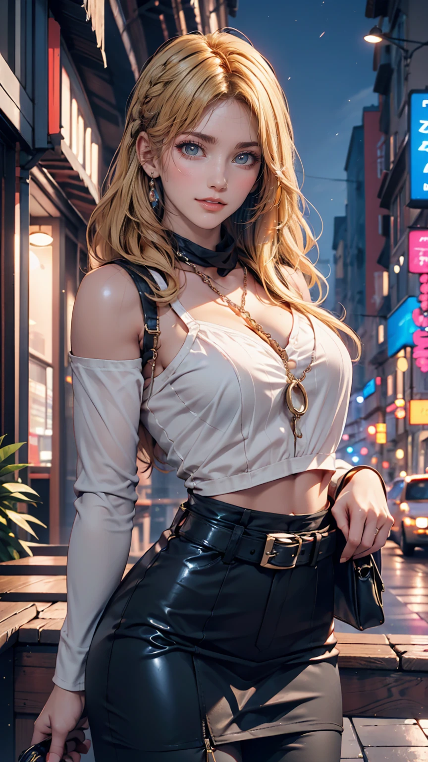 A girl with long wavy blonde hair , ((One Girl)), (blonde) ,(Braiding:1.3),blue eyes , A light smile, Gorgeous face , 18-year-old , (Slim figure , Large Breasts) , Chain belt, High waist latex pencil skirt, Latex Arm Sleeve, ((Waist belt)), ((Hip belt)), Black leather scarf, White Off Shoulder Blouse, thin, City of night , Neon Light , Surrealism