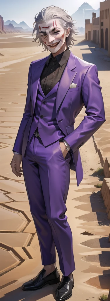 Portrait of a man in his 40s、standing、silver hair、the joker、purple dress , smile open mouth , Long body、 full body、(desert:1.5)、