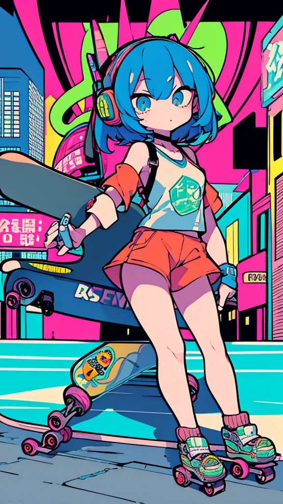 Best quality, (masterpiece:1.2), best detail face,1 girl is walking, small breasts, 18 yo, 8k,absurdres,unity 8k wall paper,(extremely detailed:1.3), highest realistic, (retro headphones:1.1),(psychedelic:1.2),Retro cityscape, 1girl in, retro artstyle, neon art style_Pop, public, outside of house, street signs, loose clothing, 18 yo,Lots of signs with kanji written on them, ((retro city　mood)), dark natural pallet, (((Playng Skate board)))