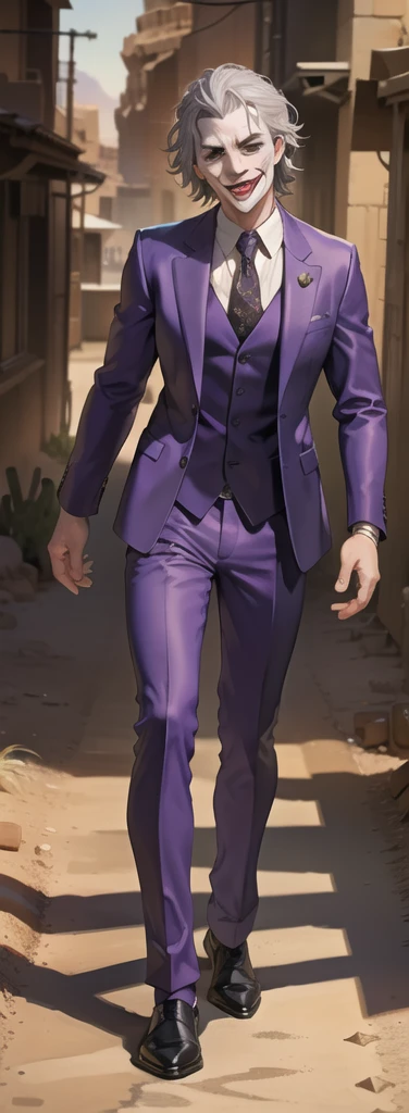 Portrait of a man in his 40s、standing、silver hair、the joker、purple dress , smile open mouth , Long body、 full body、(desert:1.5)、