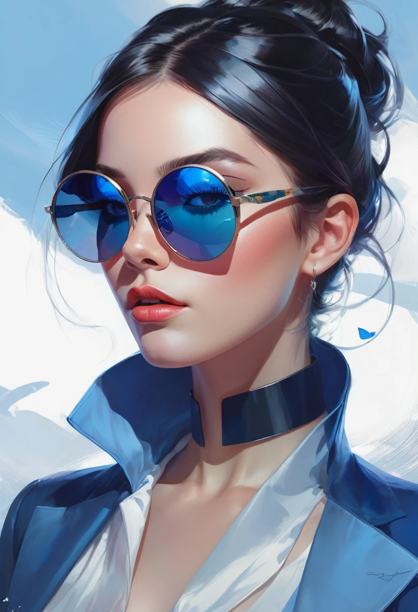Immerse yourself in the world of digital art with this visually descriptive and detailed piece inspired by the styles of guweiz and artgerm. Featuring an elegant woman adorned with a blue collar and sunglasses, this artwork is a true masterpiece in the realm of digital art.