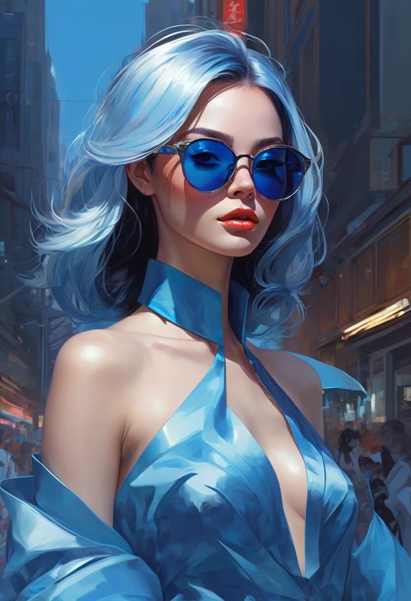 Immerse yourself in the world of digital art with this visually descriptive and detailed piece inspired by the styles of guweiz and artgerm. Featuring an elegant woman adorned with a blue collar and sunglasses, this artwork is a true masterpiece in the realm of digital art, cleavage, sexy, thigh