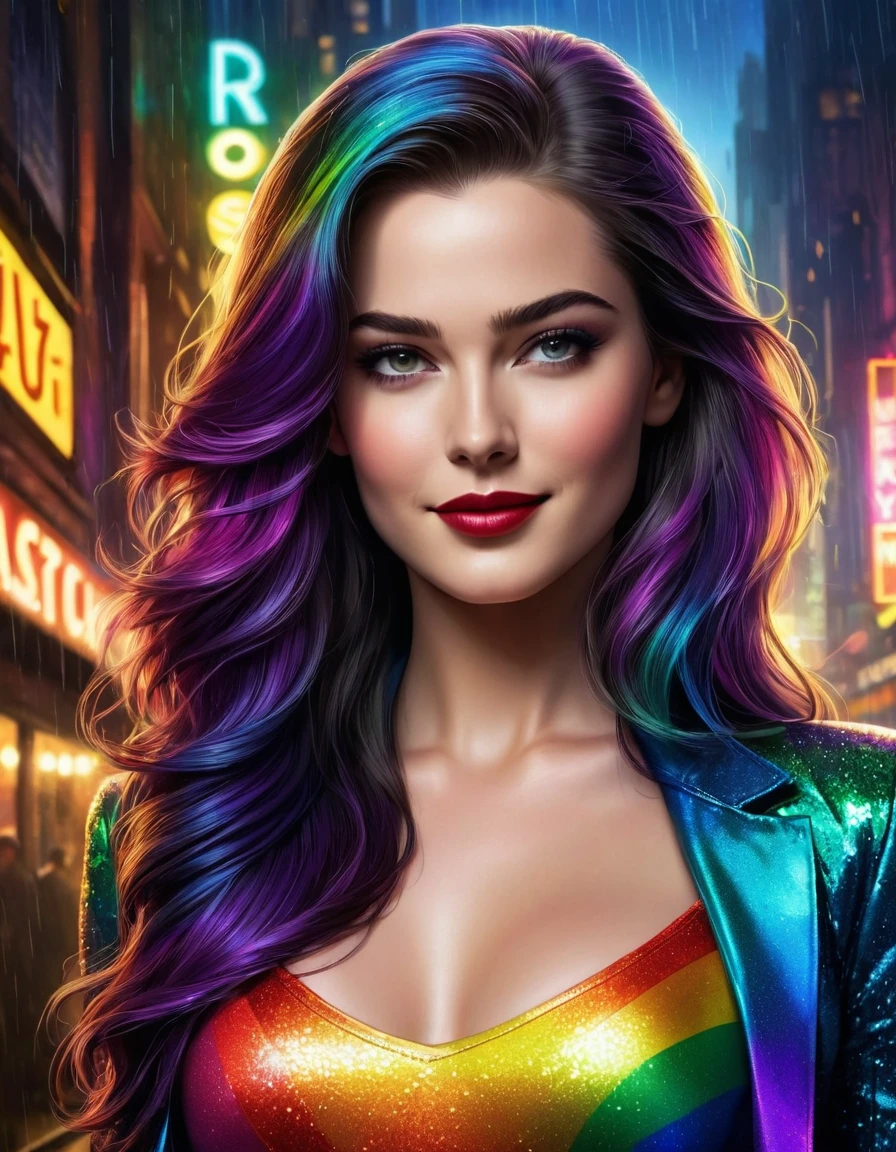Very attractive 25 year old with long straight raindow hair, as Selina Kyle, exudes beauty with her radiant, smooth skin. Her strong, serious demeanor and confident stance convey an air of convincing allure. insanely detailed jazz club as background. This captivating portrait is rendered in 4k high-resolution, ensuring every detail is displayed in the best quality. The illustration showcases Selina's determined expression, captivating the viewer's attention with its intricately detailed features. wearing a rainbow top. very realistic. smiling, 