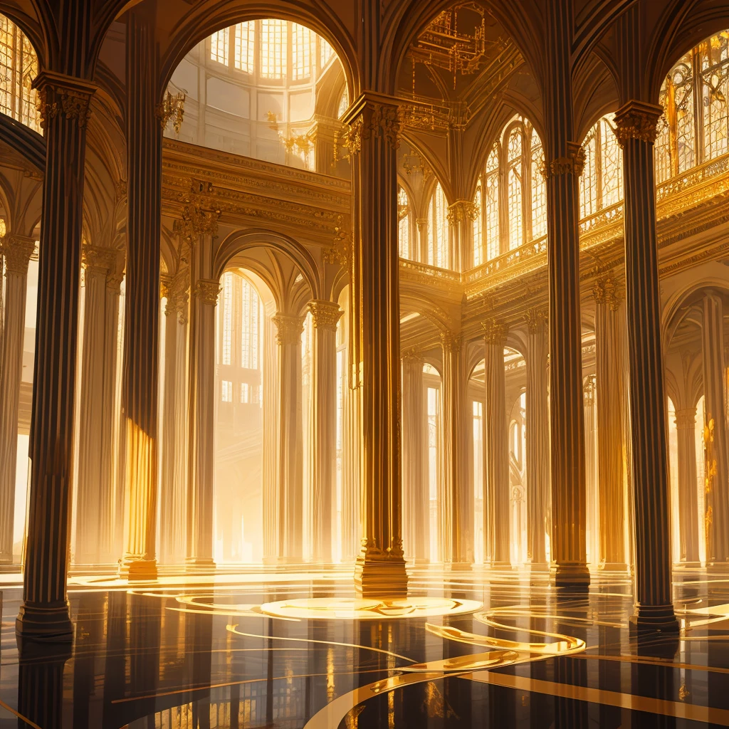 SF , Around a vast room of gold and glass , Natural elements , magic floating in the air , colorful elements , Attention to detail , Realistic