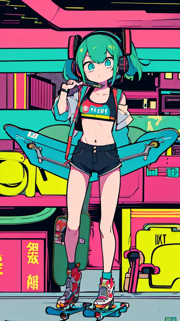 Best quality, (masterpiece:1.2), best detail face,1 girl is walking, small breasts, 18 yo, 8k,absurdres,unity 8k wall paper,(extremely detailed:1.3), highest realistic, (retro headphones:1.1),(psychedelic:1.2),Retro cityscape, 1girl in, retro artstyle, neon art style_Pop, public, outside of house, street signs, loose clothing, 18 yo,Lots of signs with kanji written on them, ((retro city　mood)), dark green pallet, (((Playng Skate board)))