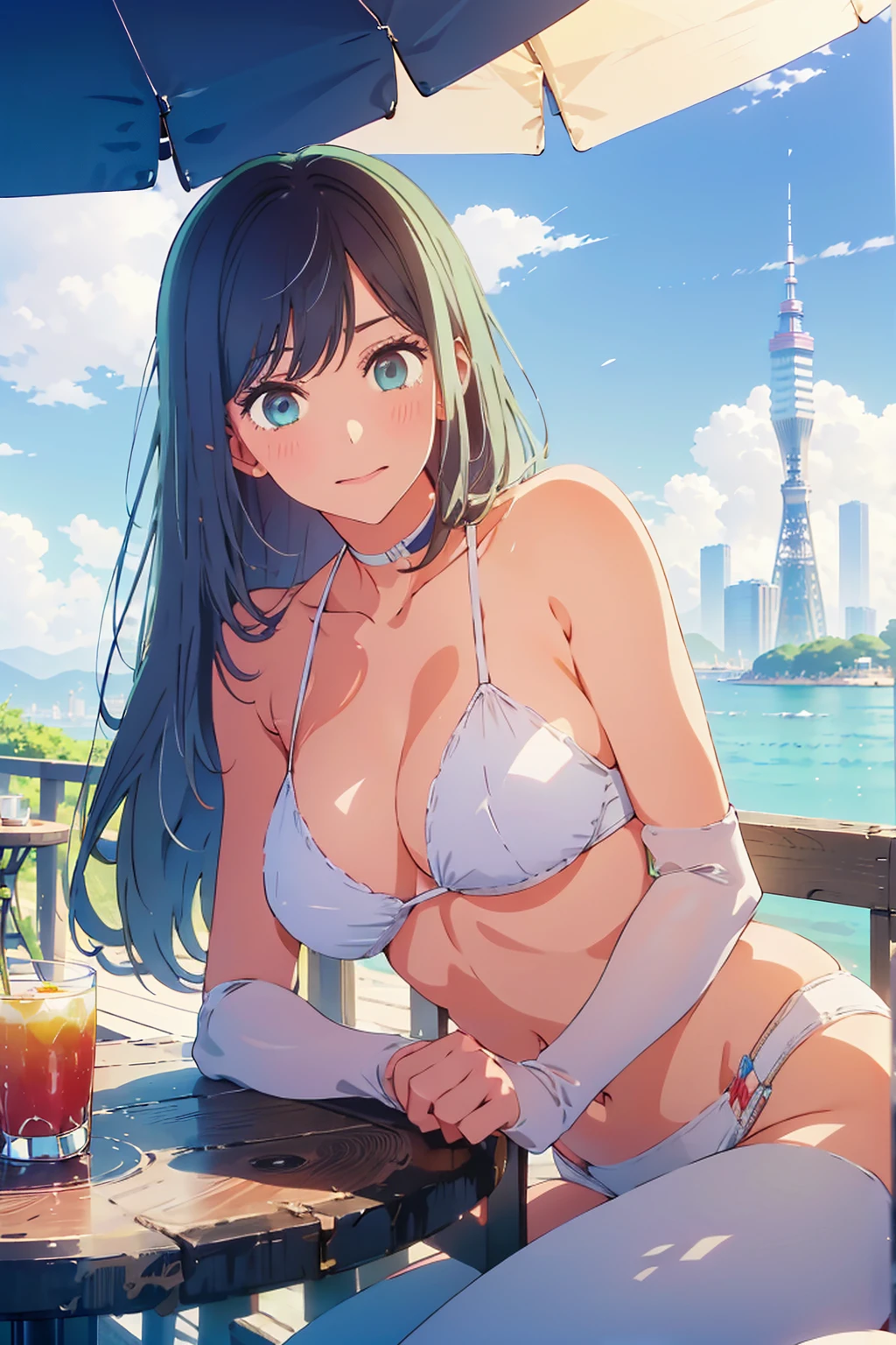 Highest quality,8k,detailed,F cup bust、Big Breasts、Very cute face、Slim and beautiful arms、Slim body、((((1 person、looking at the camera、smile、Very white beautiful skin、Thin white bikini、smile、sit、In the background are the skyscrapers of Tokyo city、Outdoor café terrace、Drink juice、Cheek resting on hand、coastal、table、Shooting from a distance))))、I can see the deep blue sky、She tilted her head slightly、The atmosphere is bright and lively、The woman is at the center of the image。