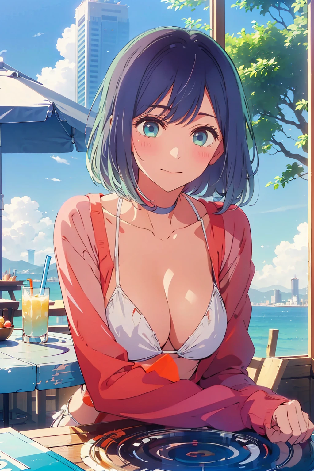 Highest quality,8k,detailed,F cup bust、Big Breasts、Very cute face、Slim and beautiful arms、Slim body、((((1 person、looking at the camera、smile、Very white beautiful skin、Thin white bikini、smile、sit、In the background are the skyscrapers of Tokyo city、Outdoor café terrace、Drink juice、Cheek resting on hand、coastal、table、Shooting from a distance))))、I can see the deep blue sky、She tilted her head slightly、The atmosphere is bright and lively、The woman is at the center of the image。