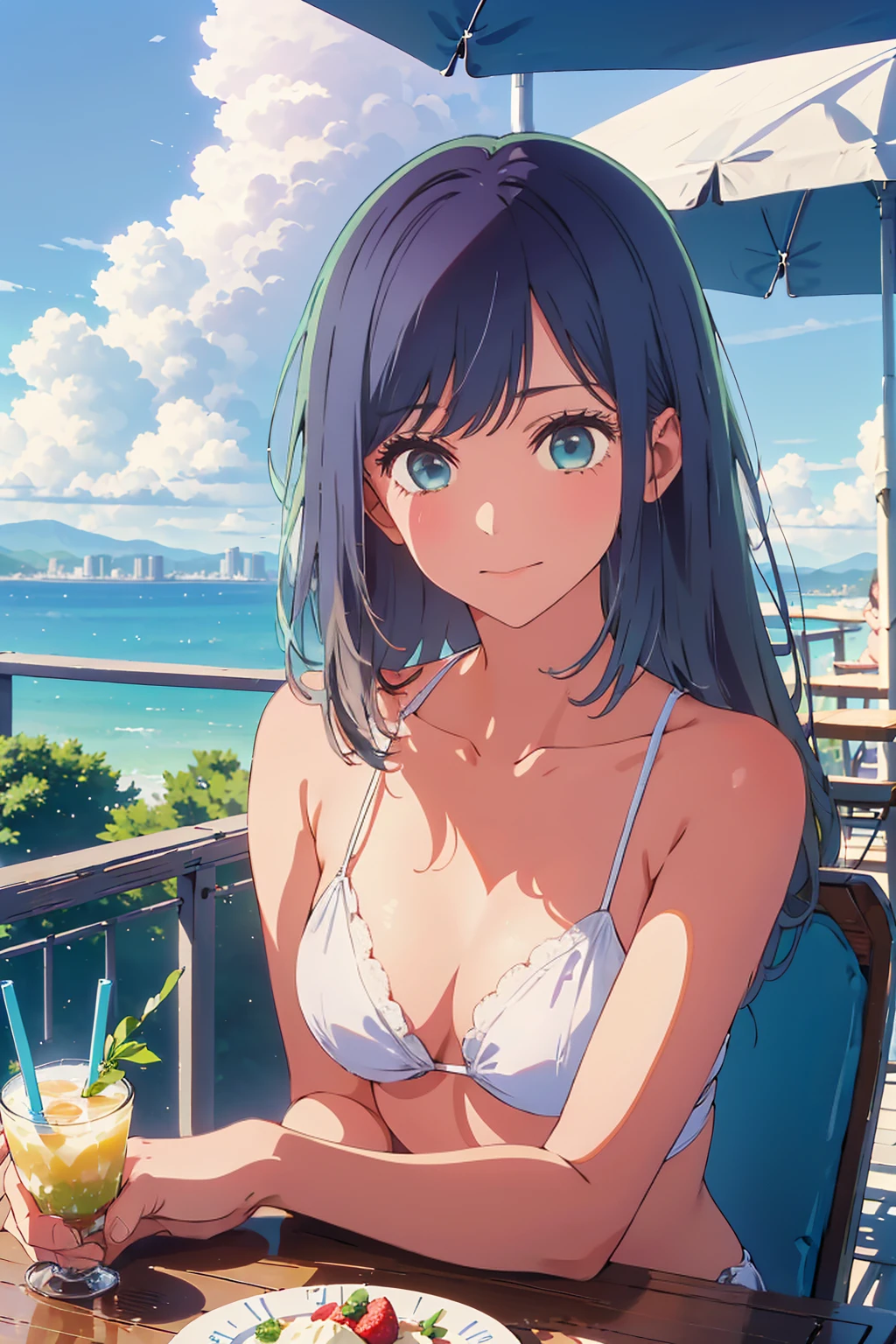 Highest quality,8k,detailed,F cup bust、Big Breasts、Very cute face、Slim and beautiful arms、Slim body、((((1 person、looking at the camera、smile、Very white beautiful skin、Thin white bikini、smile、sit、In the background are the skyscrapers of Tokyo city、Outdoor café terrace、Drink juice、Cheek resting on hand、coastal、table、Shooting from a distance))))、I can see the deep blue sky、She tilted her head slightly、The atmosphere is bright and lively、The woman is at the center of the image。