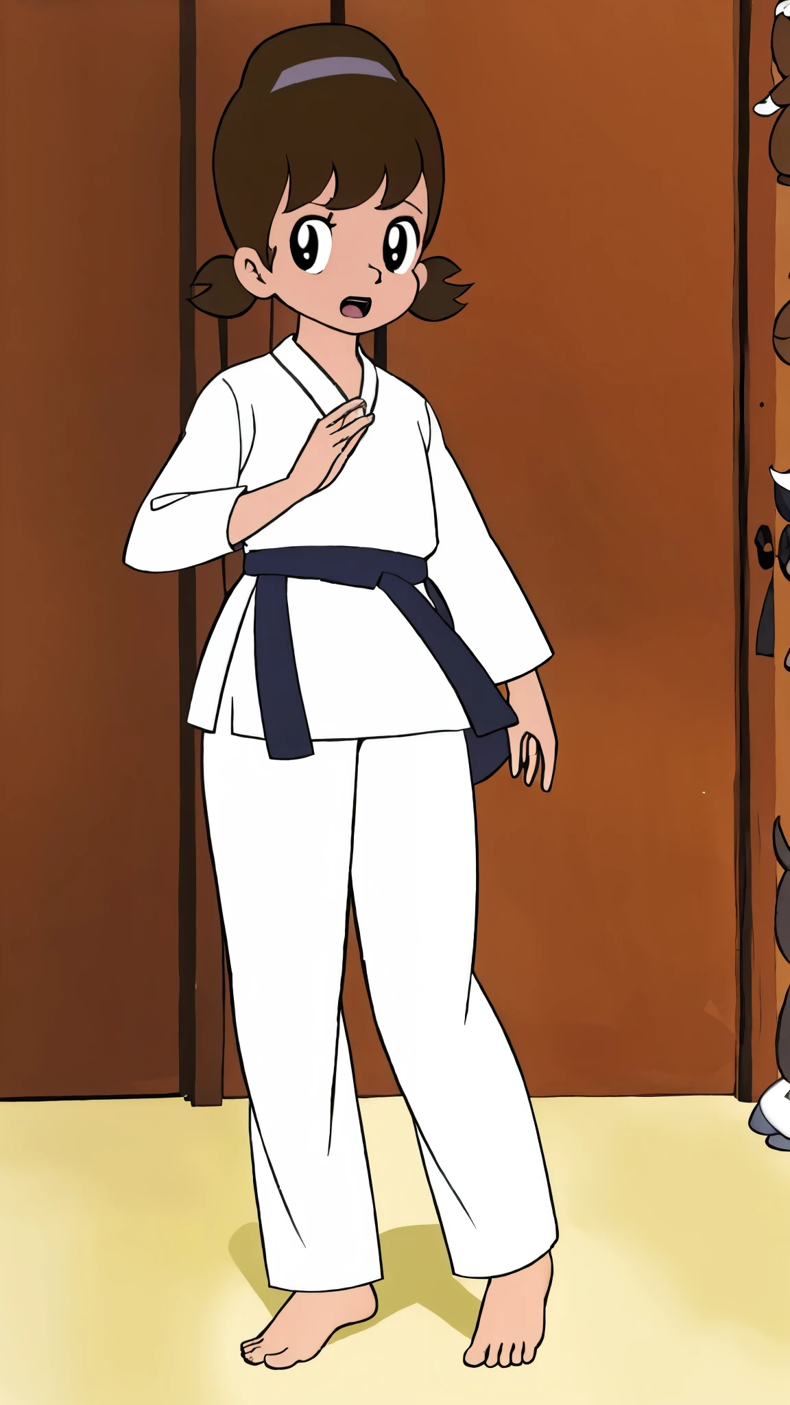 , highest quality, alone,1 girl,
 Akko-chan、Long sleeve white judo wear、白いJudo pants、barefoot、gym、On the tatami、Judo Posture、Grit your teeth、fight。

Wearing a judo uniform、Black belt、Ready to fight、