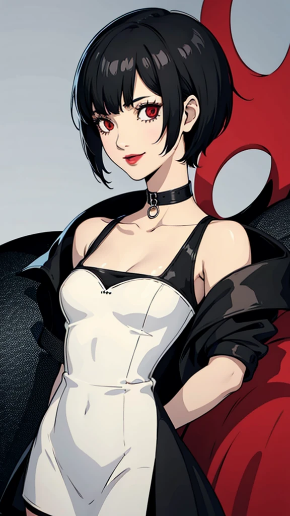 1 girl, milf, Red eyes, very Short hair, hair over one eye, black choker, lipstick, sad, black hair, tomboy Pixie haircut, tomboy Pixie haircut, white bandeau, huge breast, portrait