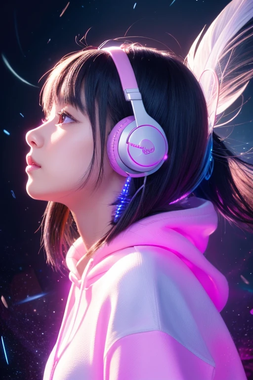 A beautiful girl with striking black eyes, light pink straight hair, glowing white skin, detailed fractal art elements, floral textures, dynamic pose, abstract background, glowing skin, colorful, earrings, feather, night scene, full of notes, decorative panel, abstract art background, side profile view

A cute chipmunk with fluffy silver blue fur, hoodie, headphones, modern and inorganic background, bright lighting, vibrant colors, outside in the notes