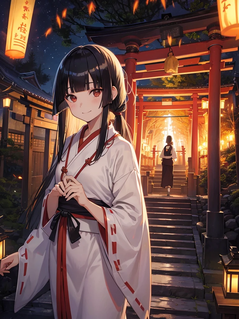 masutepiece, ultra-detailliert, best quality, at night, little smile, a lot of fireflies, Shrine maiden, shrine, Deep forest, Stone torii gate, Black Hair, long hair, (Blunt Bangs:1.6), Hair tied in a ponytail, black eyes, Juozhen, White Fox,