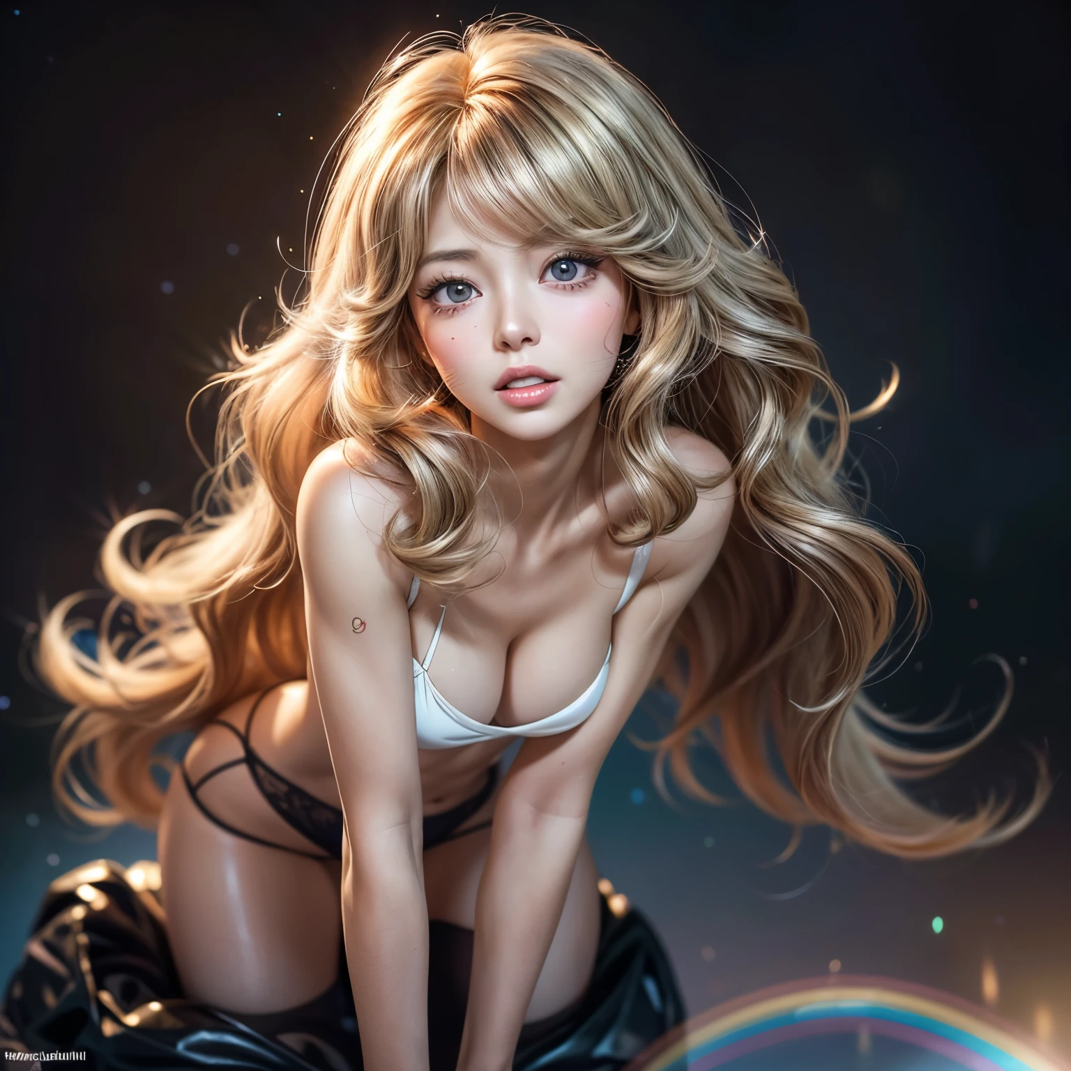 NSFW, 8k, High-level, absurd, masterpiece, best quality, primitive, very detailed CG, very detailed wallpaper, perfect lighting, Extremely detailed ((( personifying " Farrah Fawcett Majors " as a ***********))), MysticSight, Tyndall effect, Tyndall scattering, (Studio gray background with (Overflowing oodles Dazzling RainbowColorParticles (BokeH))), (RoundlyButts, ThighGap), (Exposed:0.4), (Assfocus with looking ahead) BREAK  (Acutance:0.88), (NOGIZAKA face variations) Extremely Detailed very KAWAII face variations, perfect anatomy, Childish, CaptivatingGaze ElaboratePupils detailed Eyes with (sparkling highlights:1.28), (Voluminous LongEyelashes、GlossyRED Lips with beautiful details, RosyCheeks, Radiant PearlSkin with Transparency . { (Dynamic LifeLike expressions:1.4) | :d) }, (large eyes:-1) .