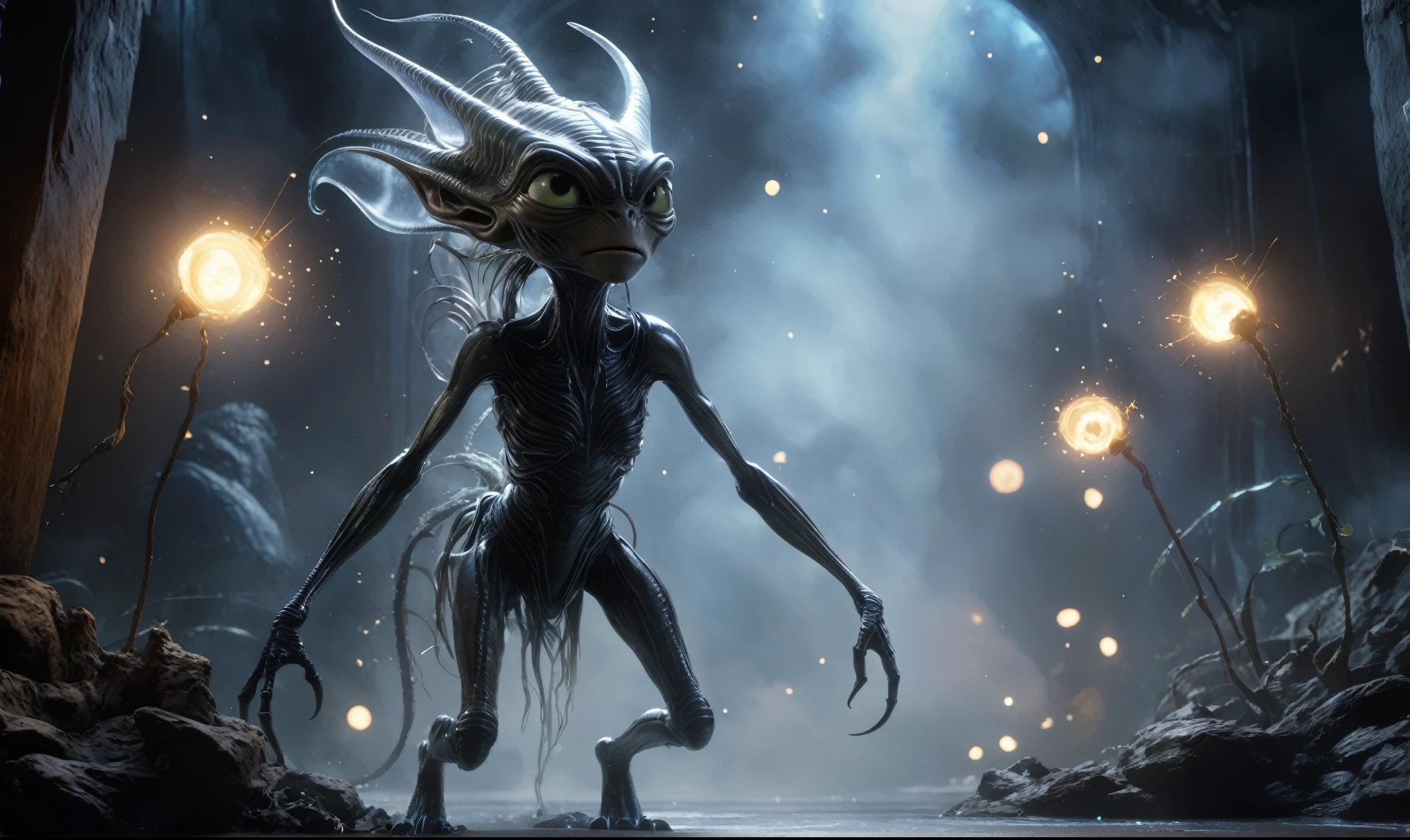 full body length,niobium goblin,native africa xenomorph,once pretty face,eyebrow up,full body shot,ominous landscape,niobium gray atmosphere,photo,photorealism,Masterpiece,natural skin textures, hyper realism,hyper detailed,High contrast,Realism,Ultra Detailed,irina yermolova,close full body shot,32K resolution,Nikon Z9, ,demonic, dust, smoke, audience, mist, featuring ultra-realistic and hyper-realistic elements,
  Marta Bevacqua, Ellen Jewett, Kawacy, Katsuya Terada, Carne Griffiths, light stroke, light beam, explosive lightning, sparks, concert lighting,  bokeh,  luminal space that feels
 both bright and surreal. Includes liquid fluid elements for added depth and movement. Rendered in an unreal 
engine and post-processed to achieve . Evokes a sense of dreamy, ethereal 
and mystical mood,pixar movie still, pixar movie screenshot, frame from pixar movie, animated movie still, still from the pixar movie, still from a pixar movie, disney pixar movie still, pixar movie scene, still from pixar movie, still from a 2001 pixar movie, pixar render, animated film still