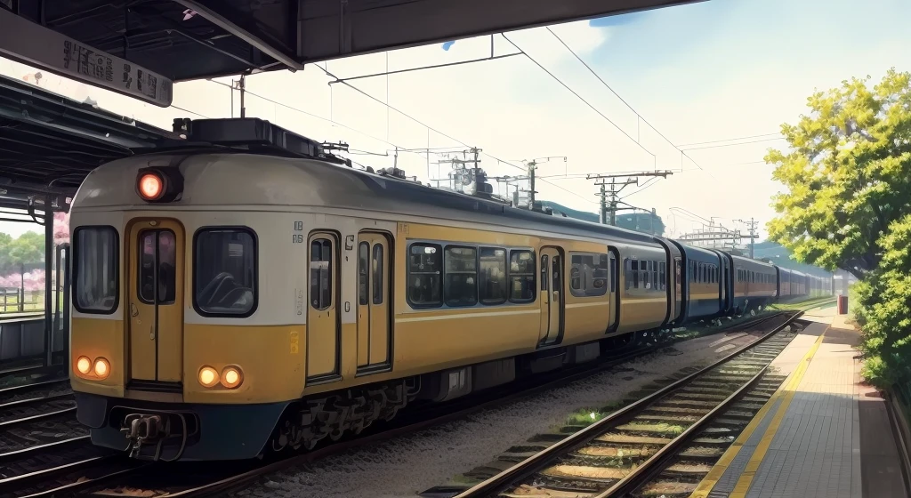 anime、Small station platform、One Girl。A slightly retro train comes into the platform.。