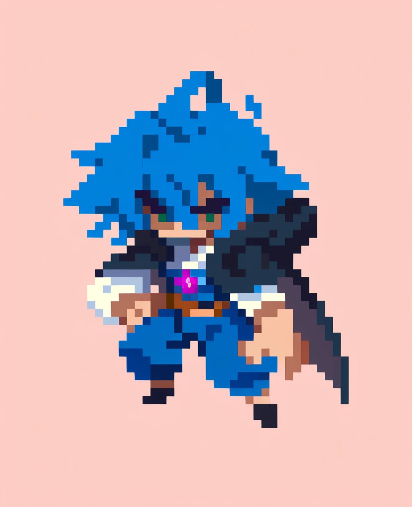 Little funny pixel magician in a dark t-shirt with dark blue pants and a black cloak and blue hair