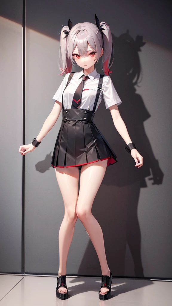 girl in a short mini skirt in knee-length stockings, red-gray hair,Twin Tail, full height, beautiful face, types of panties, 3D wallpaper.