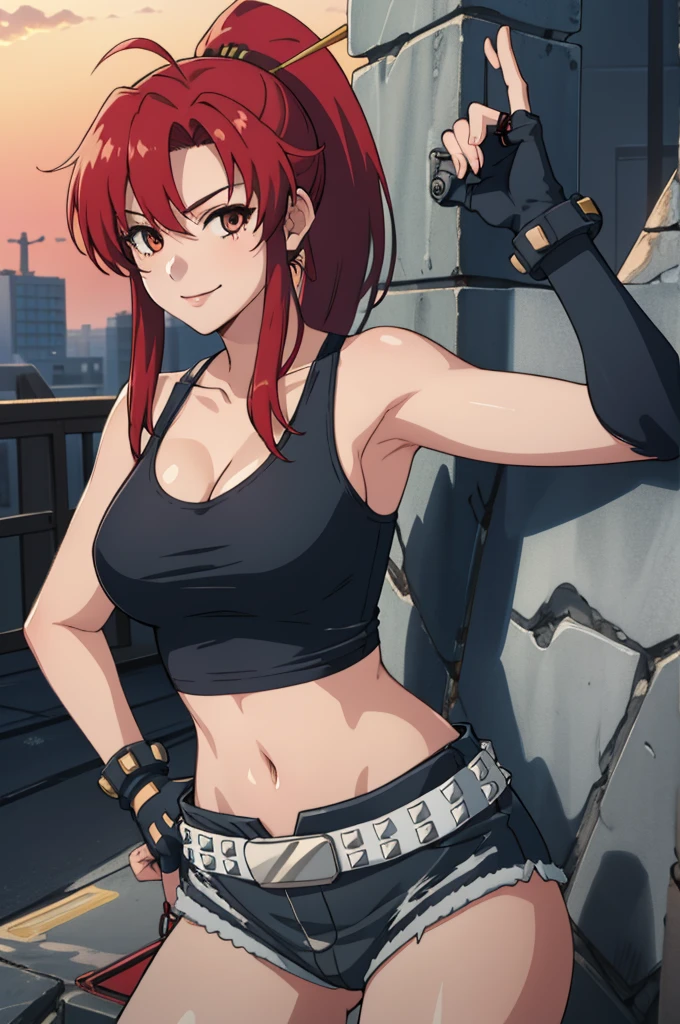 1girl, cute, sexy, red hair, cowboy shot, solo, revy, evil smile, holding gun, handgun, pistol, ponytail, tank top, fingerless gloves, denim shorts, holster, belt, newest