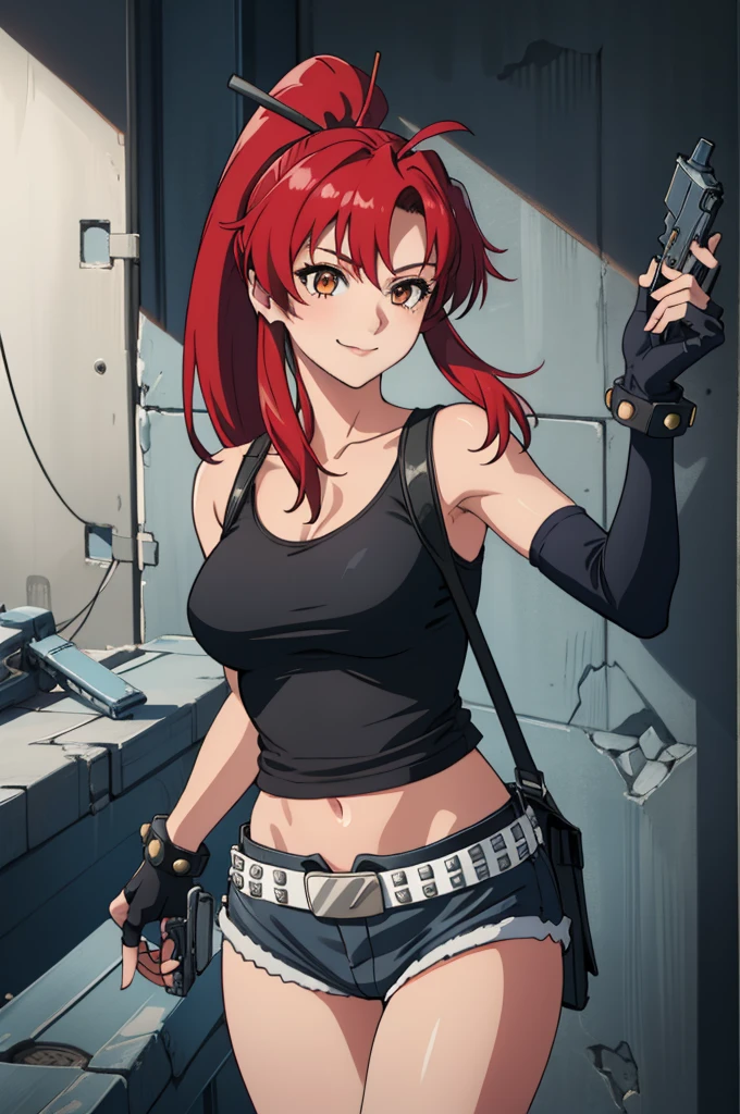 1girl, cute, sexy, red hair, cowboy shot, solo, revy, evil smile, holding gun, handgun, pistol, ponytail, tank top, fingerless gloves, denim shorts, holster, belt, newest