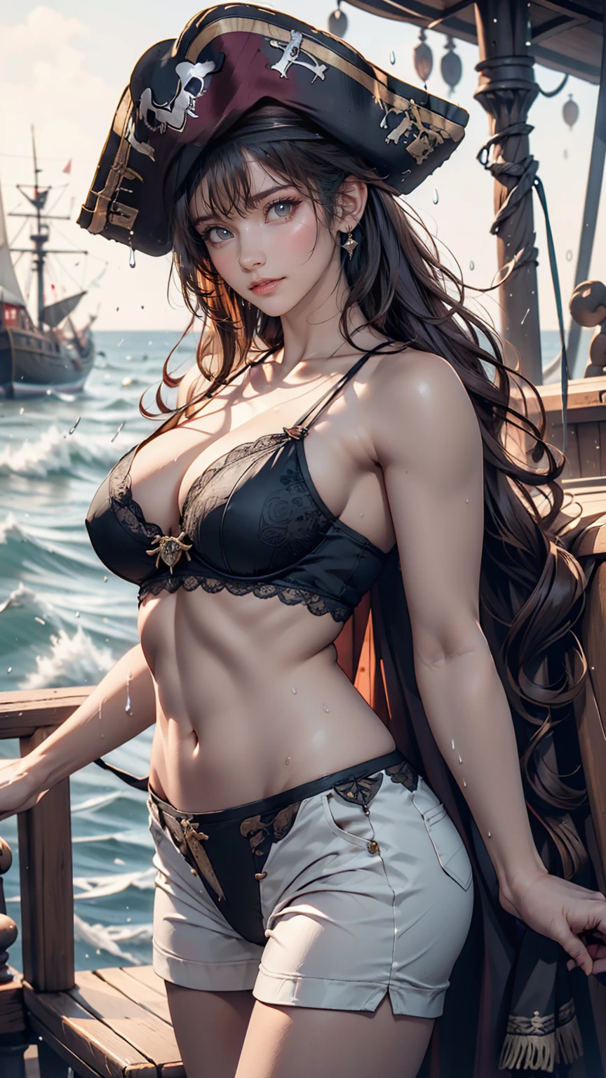 (Tabletop, Highest quality, Awards, High resolution), 1 Beautiful female pirate, skinny, expensive, pirate hat, Intricate pirate costume, Intricate and beautiful design, Highly detailed beautiful face, Wavy Hair, Fine, flowing hair, pirate shipの舵を取る, pirate ship, storm, rain, Rough seas, Detailed Background, Splash, Very CG-like detail, Super detailed、Browsing Caution、Big ample breasts、Sexy Underwear