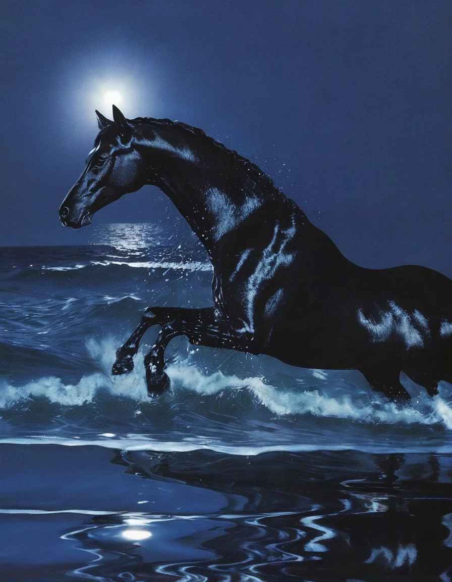  black horse in sea at night, blue background