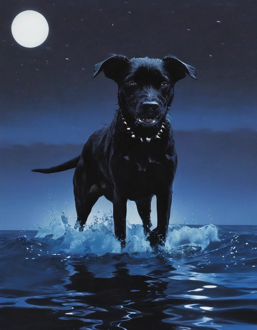 black dog in sea at night, blue background