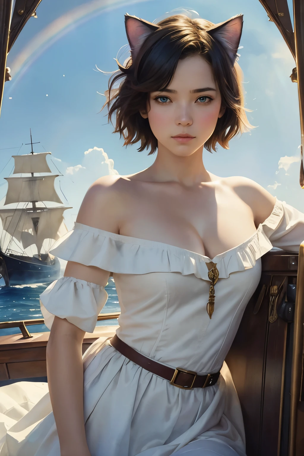 (Sargent-style watercolor)、(Highest quality、masterpiece)、(Realistic:1.4), RAW Photos, 1 Girl, (A simple rainbow-colored eyepatch made from luminous shells)、A captivating female captain、Off the shoulder,Cat ear、Sexy Looks, short hair、Pirate ship captain's quarters、 In the Dark, Deep Shadow, Cold Light、Blur the background