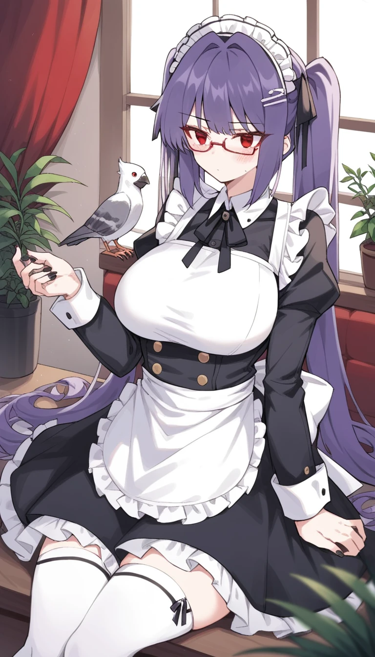 score_9, score_8_superior, score_7_superior, score_6_superior,this anime girl is wearing a maid outfit, a bird is perched on her shoulder, and staring at the camera, 1girl, twintails, thighhighs, black nails, breasts, apron, glasses, solo, red eyes, long hair, white thighhighs, white apron, maid, maid headdress, long sleeves, large breasts, frills, purple hair, dress, animal on shoulder, bangs, window, ribbon, hair ribbon, hair ornament, plant, bird, blush, indoors, curtains, black dress