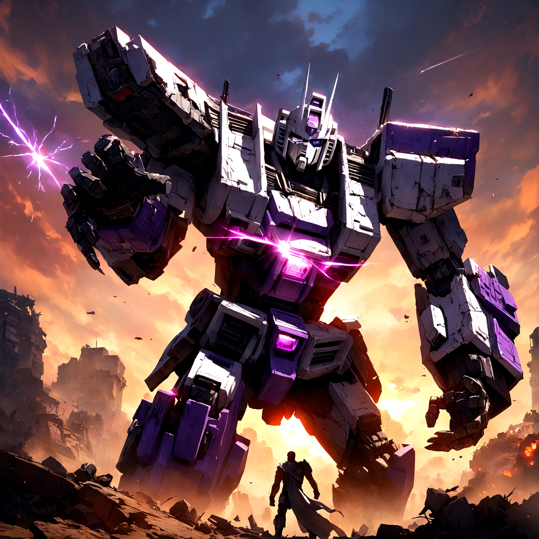Transformers G1 Megatron, heavily damaged, he has lots of improvised repairs and an eyepatch. Furious