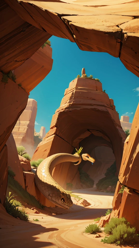 Snake opens mouth, cave in the middle of the desert,
