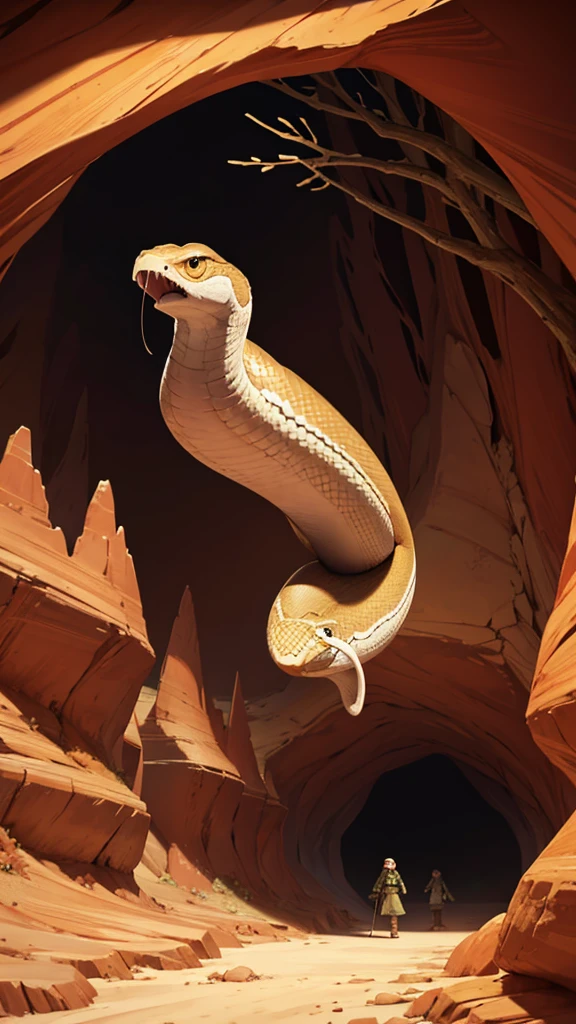 Snake opens mouth, cave in the middle of the desert,