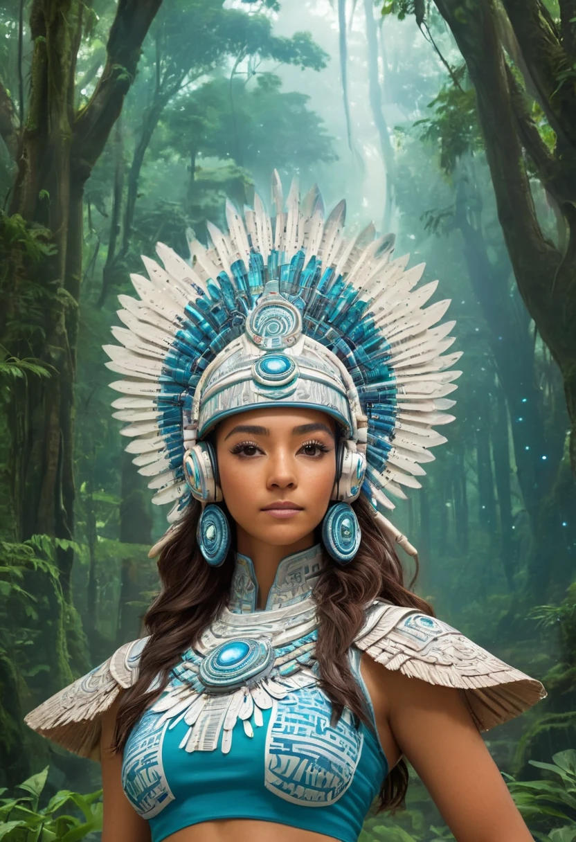 A youthful Latina woman, standing in the forest, with Mayan temples behind her. She is dressed in ancestral fashion with a futuristic modern style. Her headdress is like an ancient Aztec sculpture but with advanced tech, headphones headdress, aztec-mayan headdress, and LED lights. The year is 2222. She is set in a retro-futuristic world, surrounded by mystical sparkles that resemble blue-white blinking fireflies. The fusion of mystery and ancestry with advanced technology creates a unique atmosphere. Myan temples on in the distance. She is wearing a backpack and is shown from the waist up, heading to out on a quest to learn about ancient wisdom and new technology."
