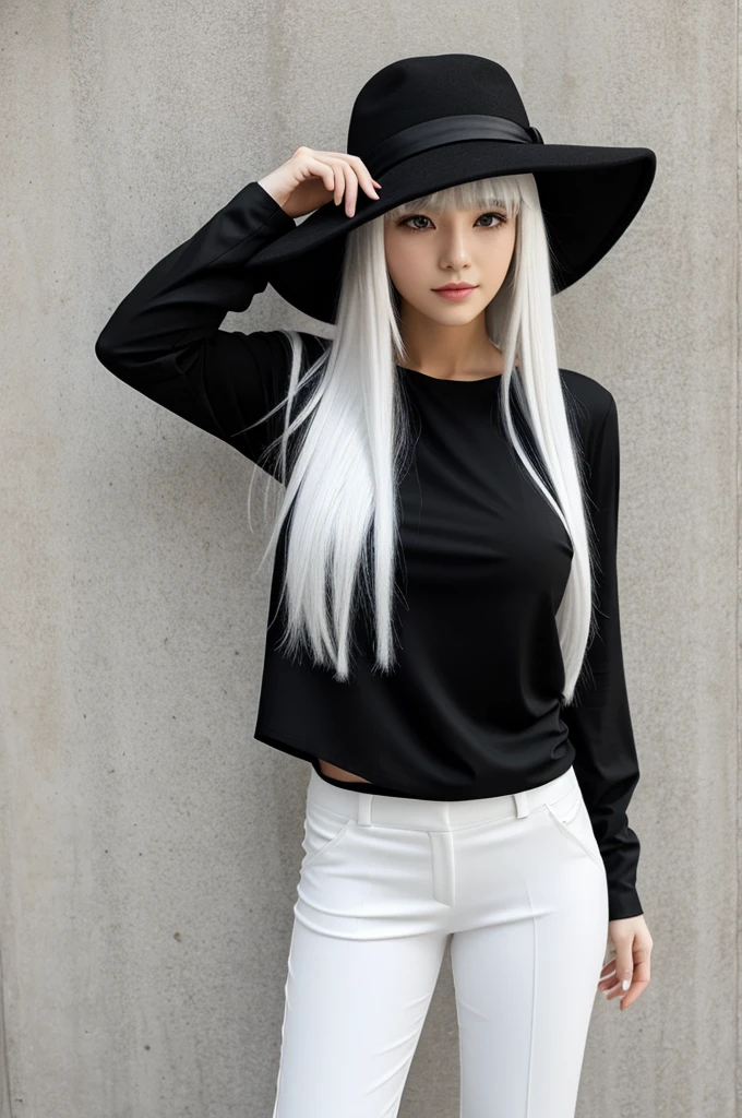 anime 
long white hair with bangs wearing a black hat like a cold winter top wearing a sexy black shirt and white pants with stars