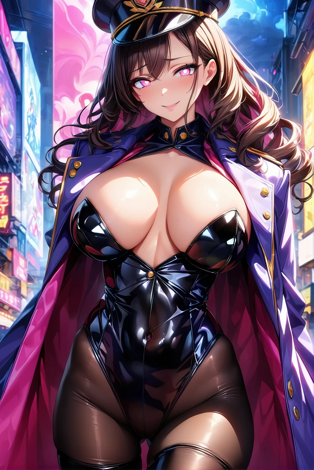 masterpiece, best quality, 1girl,black drill hair,glowing eyes, (finely detailed empty pupils and detailed face),,chest shot,lovestruck,extremely detailed picture unity 8k wallpaper,solo,(latex military costume:0.9),glamour body,seductive smile,military hat,latex thighhigh,large breasts,black hair,pink eyes,black leotard,pantyhose,military coat,enamel suits