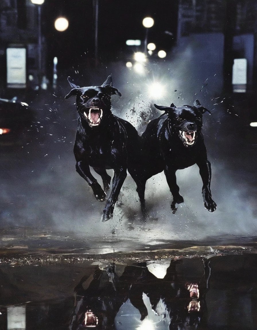 fashion shoot of an angry black dogs running on the night street