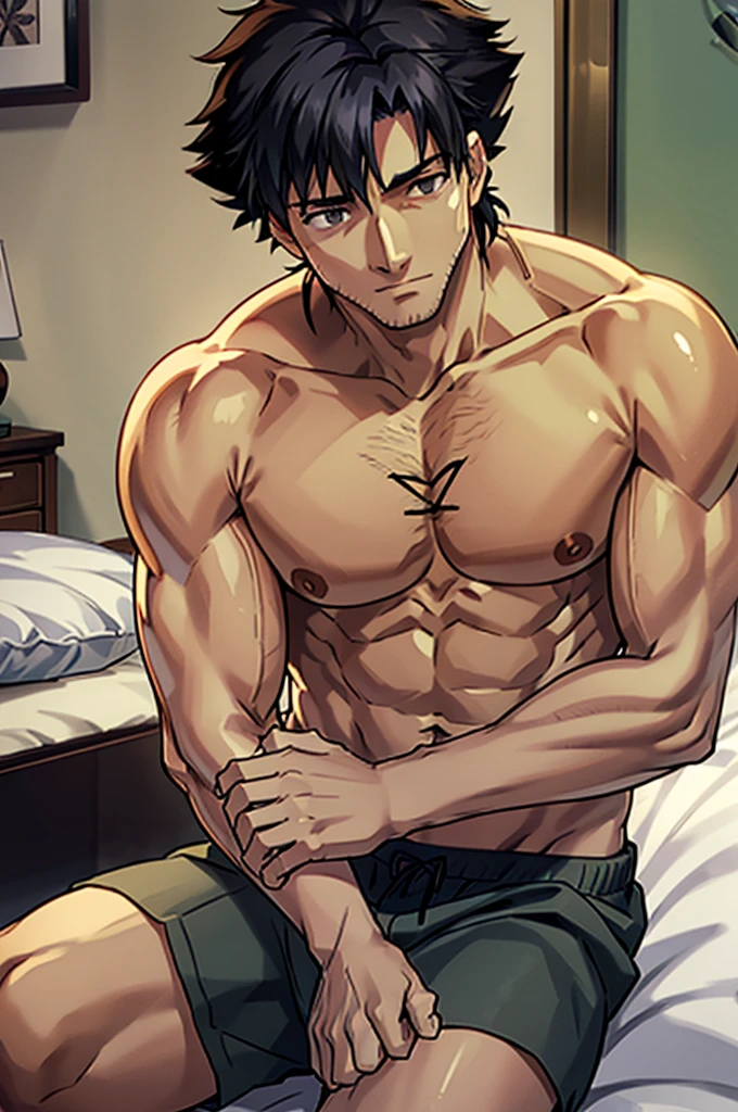 Kiritsugu Eimya is lying sideways, facing you, in bed. his muscular body is exposed; only wearing black Calvin Klein boxers. His big, hairy, sweaty chest is facing your point of view. He is staring at you ensuring your protection.