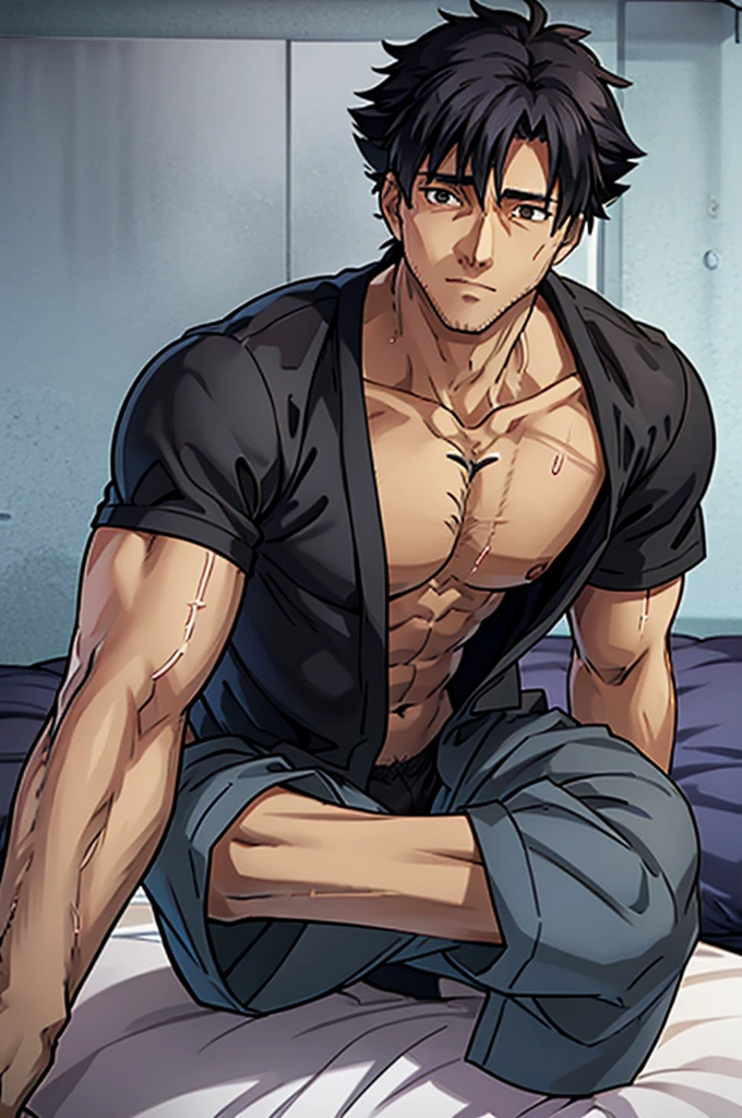 Kiritsugu Eimya is lying sideways, facing you, in bed. his muscular body is exposed; only wearing black Calvin Klein boxers. His big, hairy, sweaty chest is facing your point of view. He is staring at you ensuring your protection.