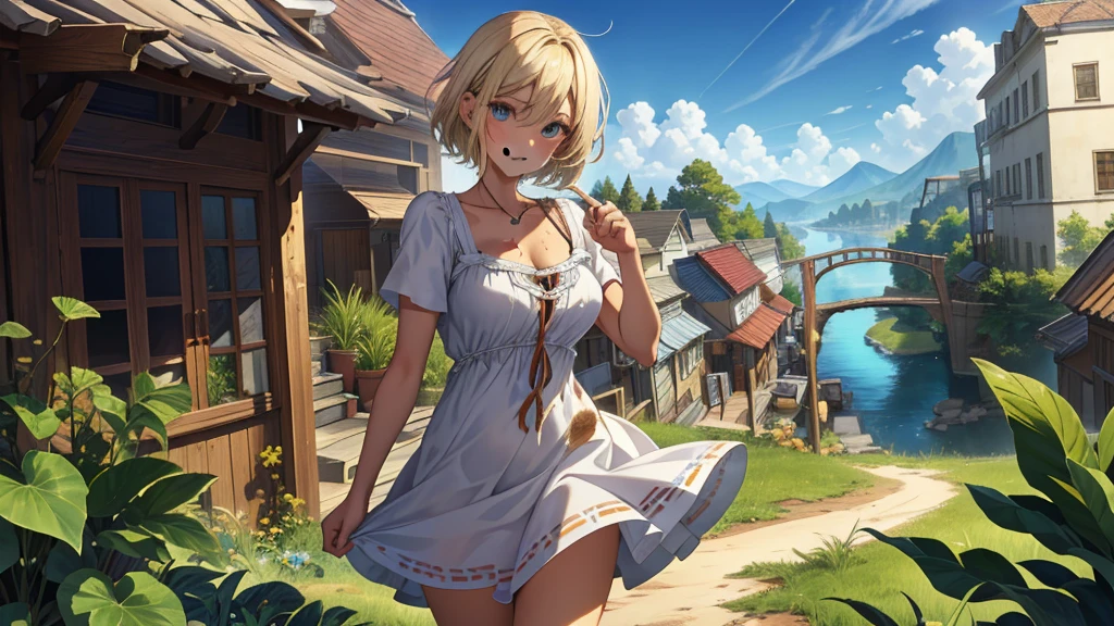smiles confidently;, Blue eyes, blonde hair, draw up, (чрезвычайно подробные обои CG Unity 4k),(masterpiece),(Best quality),(ultra detailed),(best illustration),(best shadow),(absurdity),(detailed background), Modern setting, park, Short blonde hair (unkempt and dirty), sundress, cowgirl boots,
