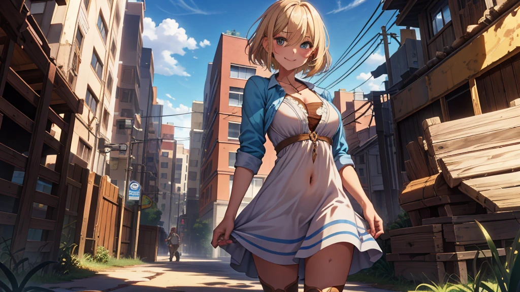smiles confidently;, Blue eyes, blonde hair, draw up, (чрезвычайно подробные обои CG Unity 4k),(masterpiece),(Best quality),(ultra detailed),(best illustration),(best shadow),(absurdity),(detailed background), Modern setting, park, Short blonde hair (unkempt and dirty), sundress, cowgirl boots,