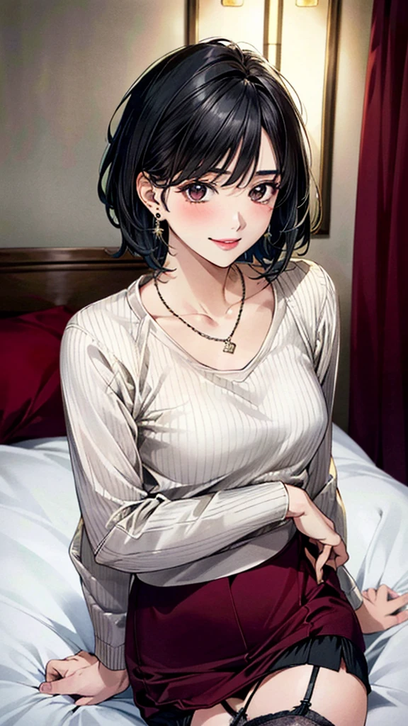 (masterpiece:1.3, Highest quality, Ultra-high resolution, Super detailed), (Realistic, photoRealistic:1.4), Beautiful illustrations, Perfect lighting, colorful, Depth of written boundary, Beautiful detailed hair, Beautifully detailed face, Beautiful fine details, Beautiful clavicle, Beautiful body, 美しいLarge Breasts, Beautiful thighs, Beautiful feet, Beautiful fingers, View Viewer、Front view:0.6, Beauty1人, Japanese, Beauty、30 years old, Perfect Face, (Perfect Anatomy, Anatomically correct), Cute and symmetrical face, Baby Face, , Shiny skin, ((Bordeaux sweater:1.4)), ((Garter skirt:1.5))、 (Black Hair, Short Hair:1.4), Dark brown eyes, Large Breasts, Slim body, necklace, (Small earrings:1.3), (Beautiful views), (night), (Hotel 1 room、bed), bedに寝ている, A soft smile、(Smile, Lips parted),