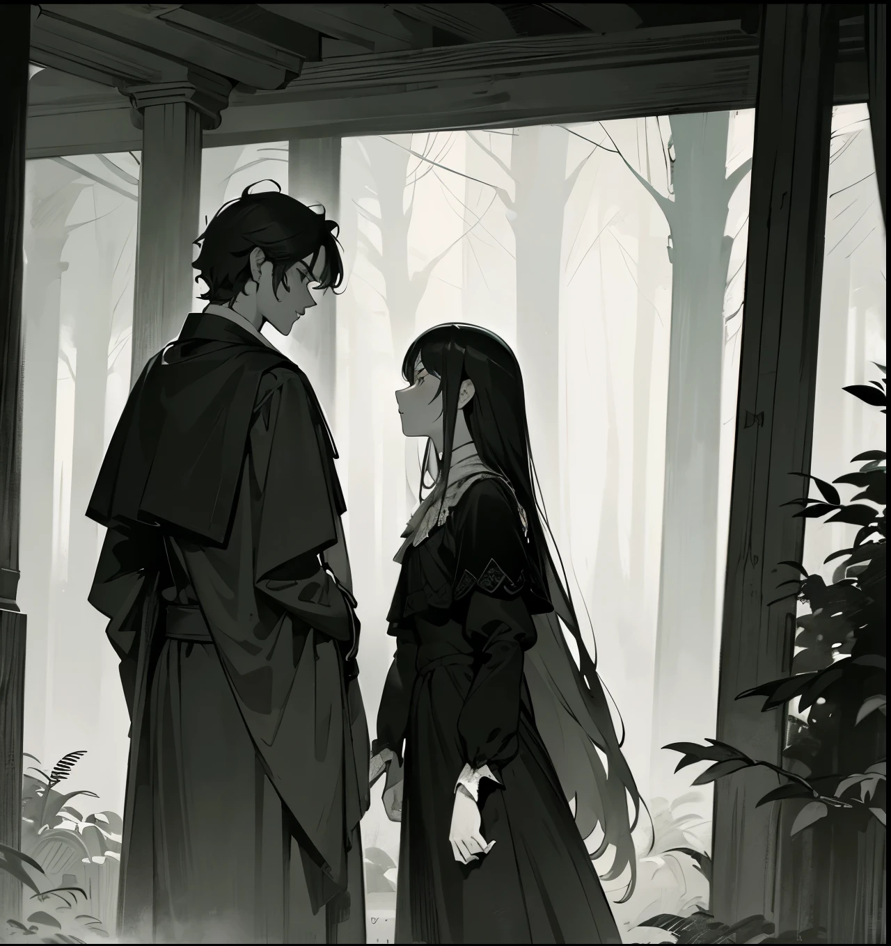 symbolism art genre, old painting, renaissance art, old movie, monochrome, "Mist's Temptation", misty, woods background, young beautiful women and a young handsome man, Philosophy, lovers?, tragic, angst, cottagecore, fyodor dostoyevsky's novels vibe, journey, psychological,