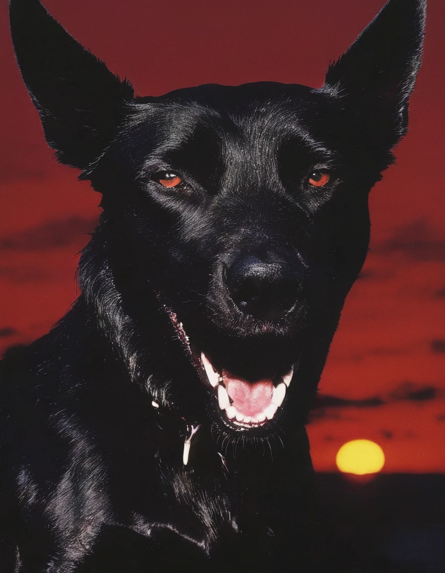 black dog with giant teeths all over head, sunrise background